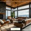 Modern living room with leather furniture, large glass window with a view of nature, stone wall, and wooden ceiling, ideal for relaxing and enjoying the view.