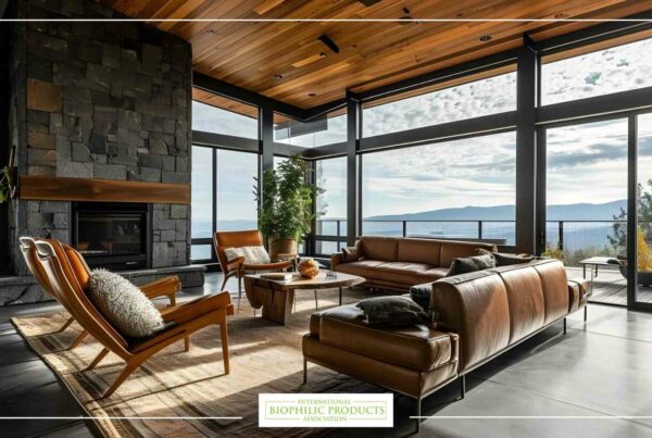 Modern living room with leather furniture, large glass window with a view of nature, stone wall, and wooden ceiling, ideal for relaxing and enjoying the view.