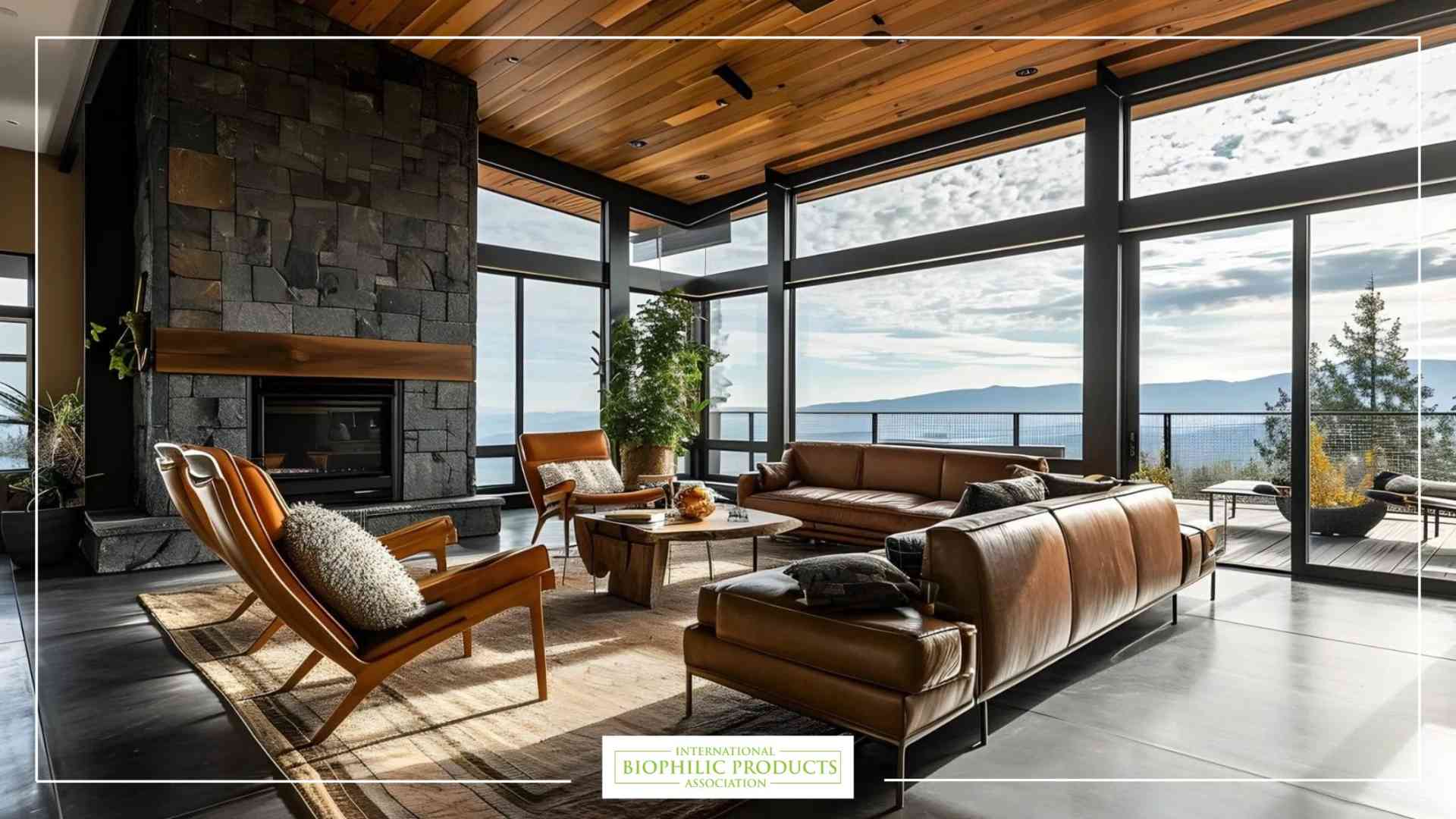 Modern living room with leather furniture, large glass window with a view of nature, stone wall, and wooden ceiling, ideal for relaxing and enjoying the view.